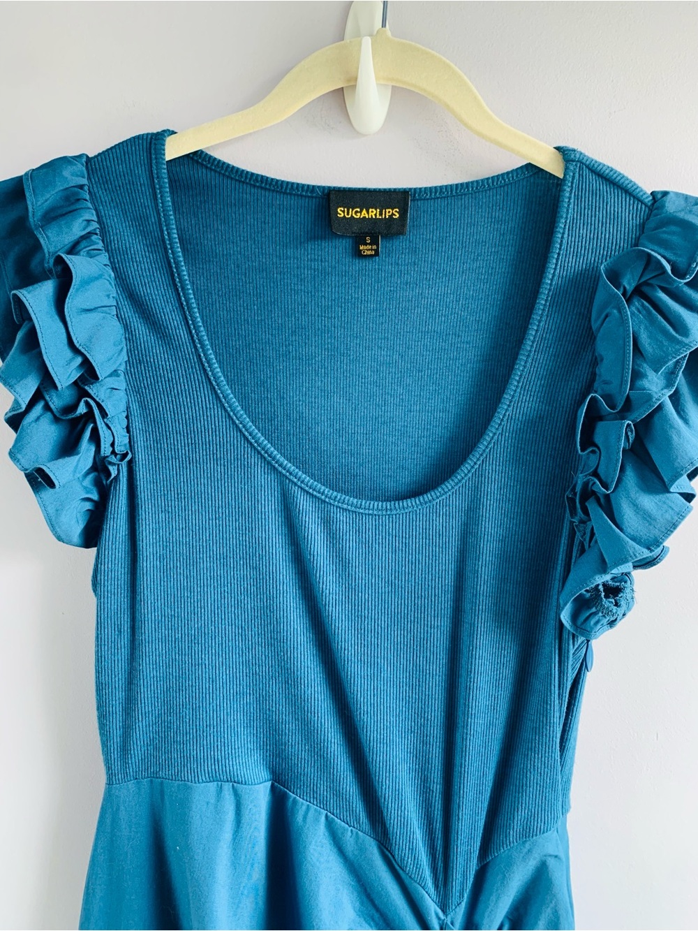 Sugar Lips Dress Deep Teal Aqua Waterfall Ruffled Sleeves Formal Party EUC Small - Picture 2 of 7